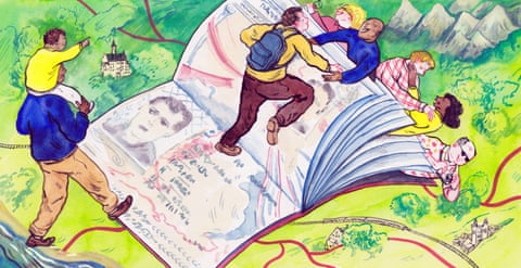 Illustration; ramblers scale a ‘passport’ mountain