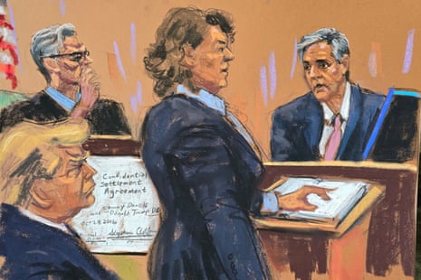 Michael Cohen is questioned by prosecutor Susan Hoffinger before Justice Juan Merchan as Donald Trump watches, during Trump’s criminal trial on charges that he falsified business records to conceal money paid to silence porn star Stormy Daniels in 2016, in Manhattan state court in New York City.