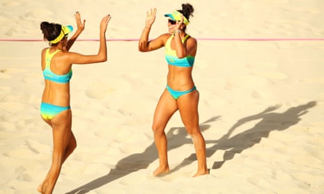 Taliqua Clancy and Mariafe Artacho del Solar of Australia celebrate a point during the beach volleybal