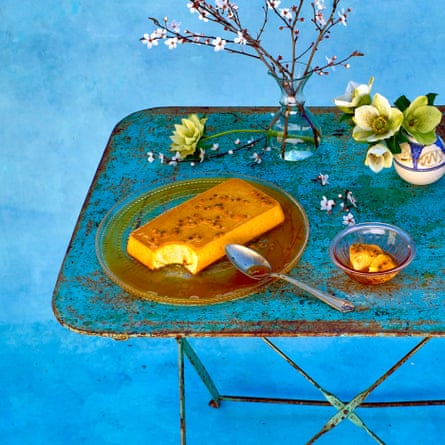 Passion fruit and saffron creme caramel.