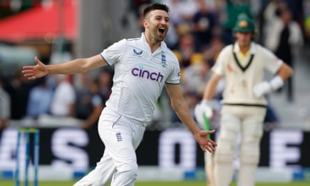 Mark Wood wheels away after taking the wicket of Travis Head in Australia’s second innings of the fourth Ashes Test at Old Trafford in 2023