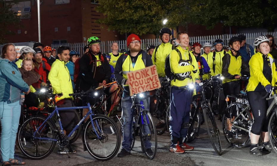 Bike ride in Manchester organised by Helen Pidd to protest about lack of police investigations into bike muggings
