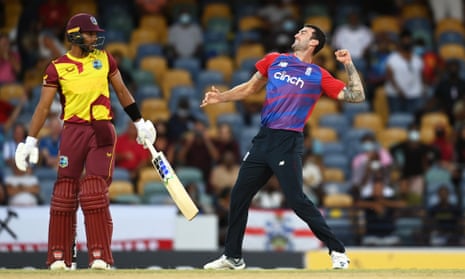 Reece Topley of England celebrates the wicket of Brandon King of West Indies.