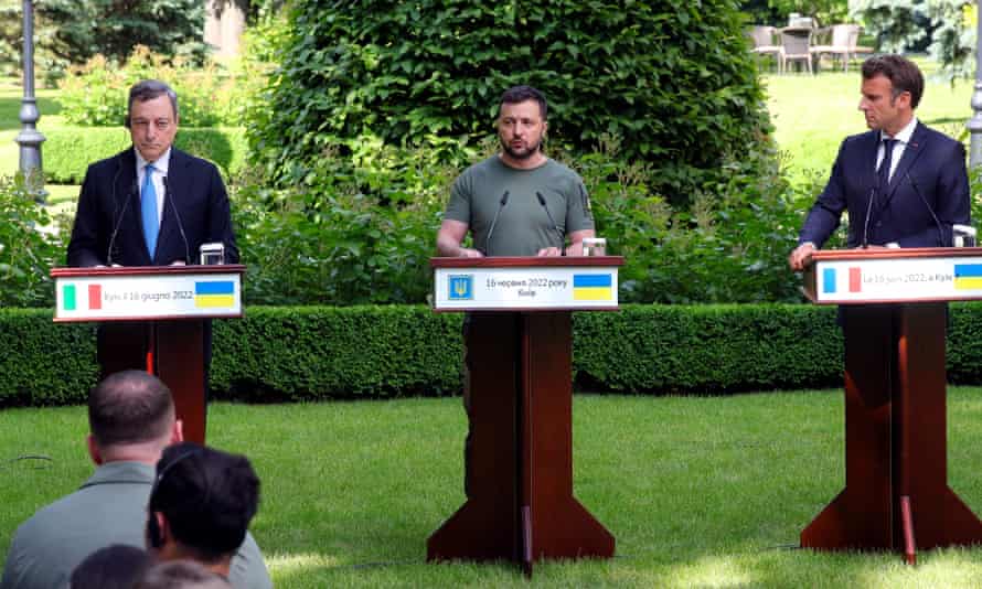 Italy’s prime minister, Mario Draghi, Ukraine’s president, Volodymyr Zelenskiy, and French president, Emmanuel Macron