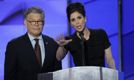Al Franken and comedian Sarah Silverman speak during the first day of the Democratic National Convention in Philadelphia on 25 July 2016.