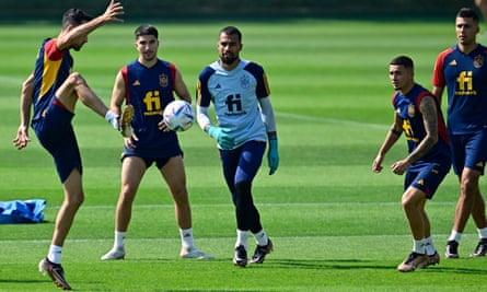 Spain’s Rodri: ‘At a collective level I think we’re the best national team’ | World Cup 2022 3 Rodri (right) in training with his holding midfielder mentor Sergio Busquets, Carlos Soler, Robert Sánchez and Yeremy Pino at Qatar University