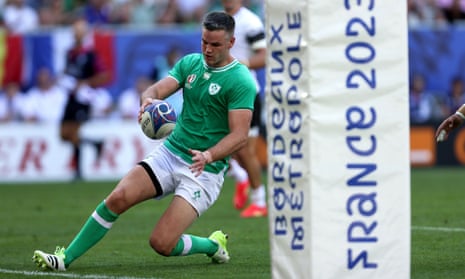 Ireland’s Johnny Sexton touches down for a try against Romania.