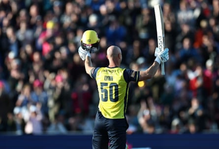 Chris Lynn acknowledges the crowd after hitting a century for Hampshire against Northamptonshire on T20 Finals Day