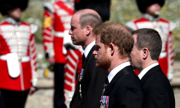 Princes William and Harry follow the Duke of Edinburgh’s coffin through the parade ground