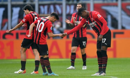 Milan’s Rafael Leão (right) celebrates his goal with teammate Brahim Díaz.
