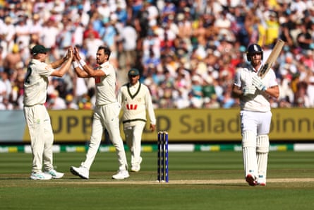 Starc celebrates with Cameron Green after dismissing Ben Stokes in Melbourne.
