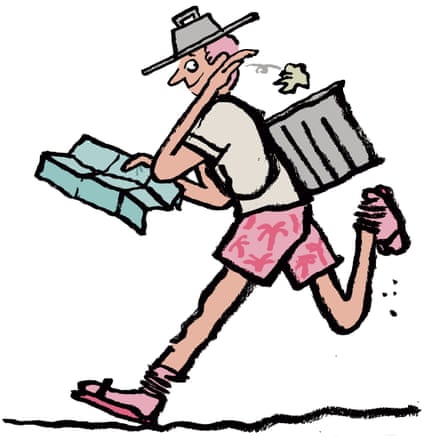 Illustration of a tourist in shorts, carrying a bin on their back to put their litter in