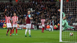 Marko Arnautovic scores but he is just offside.