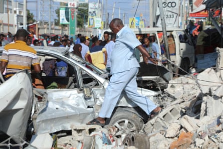 Debris in the streets of Mogadishu after a car bombing targeted the education ministry on 29 October 2022.