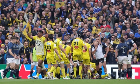 Georges Henri Colombe of La Rochelle scores his team’s third try during the Heineken Champions Cup Final match between Leinster Rugby and LA Rochelle.