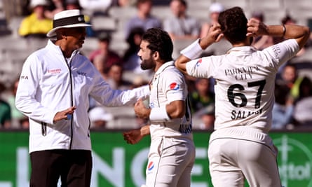Pakistan’s Mohammad Rizwan and Agha Salman argue with umpire Joel Wilson after Rizwan's dismissal
