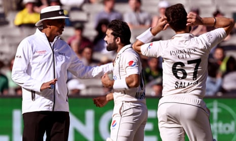 Pakistan’s Mohammad Rizwan and Agha Salman argue with umpire Joel Wilson after Rizwan's dismissal on the fourth day of the Boxing Day Test