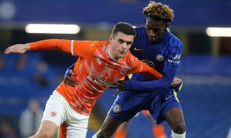 Jake Daniels (left) in action for Blackpool against Chelsea in February in the FA Youth Cup.