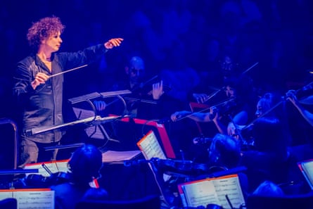 Rocking goth … Santtu-Matias Rouvali conducts the Philharmonia wearing eyeliner.
