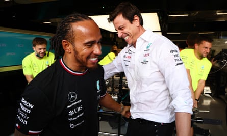 Lewis Hamilton celebrates winning the 2021 São Paulo Grand Prix with Toto Wolff