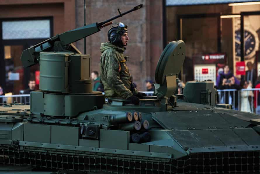 A Russian T-14 Armata tank participates in a Victory Day Parade night rehearsal on Tverskaya street on May 4.