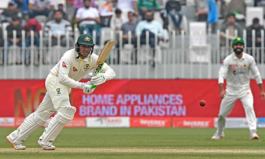 Australia's Usman Khawaja on his way to his first-innings score of 97 against Pakistan at the Rawalpindi Cricket Stadium.