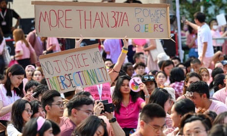 LGBTQ+ rights campaigners at the annual “Pink Dot” event at Hong Lim Park in Singapore in June
