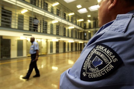 Guards patrol a cell block at the Cummins Unit of the Arkansas Department of Correction near Varner in 2009.