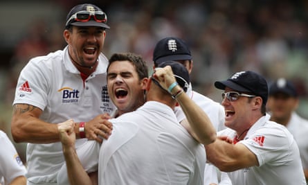 James Anderson (second left) is congratulated by teammates after dismissing Australia’s Michael Hussey at the MCG on Boxing Day in 2010.