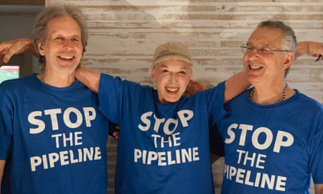 Thom Krystofiak, left, Inga Frick and Jonas Magram, climate change campaigners from Fairfield, Iowa, who were arrested at a protest in Whiting, Indiana, on 15 May 2016.