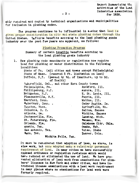 Excerpt of a 1938 activities report from the January 1939 Lead Industries Association board of directors meeting.