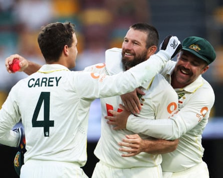 Australia’s Michael Neser celebrating the dismissal of England’s Brydon Carse
