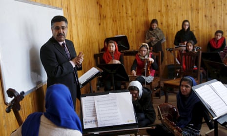 Ahmad Sarmast speaking to members of the Zohra orchestra, an ensemble of 35 women, in Kabul, Afghanistan