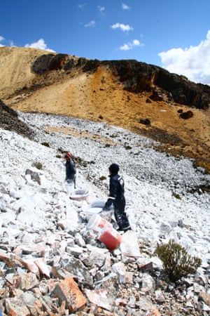  In the Peruvian Andes, villagers are painting the mountain above their village white to increase the reflectivity to cool the black rock, aiming to bring back the glacier on which they depend.