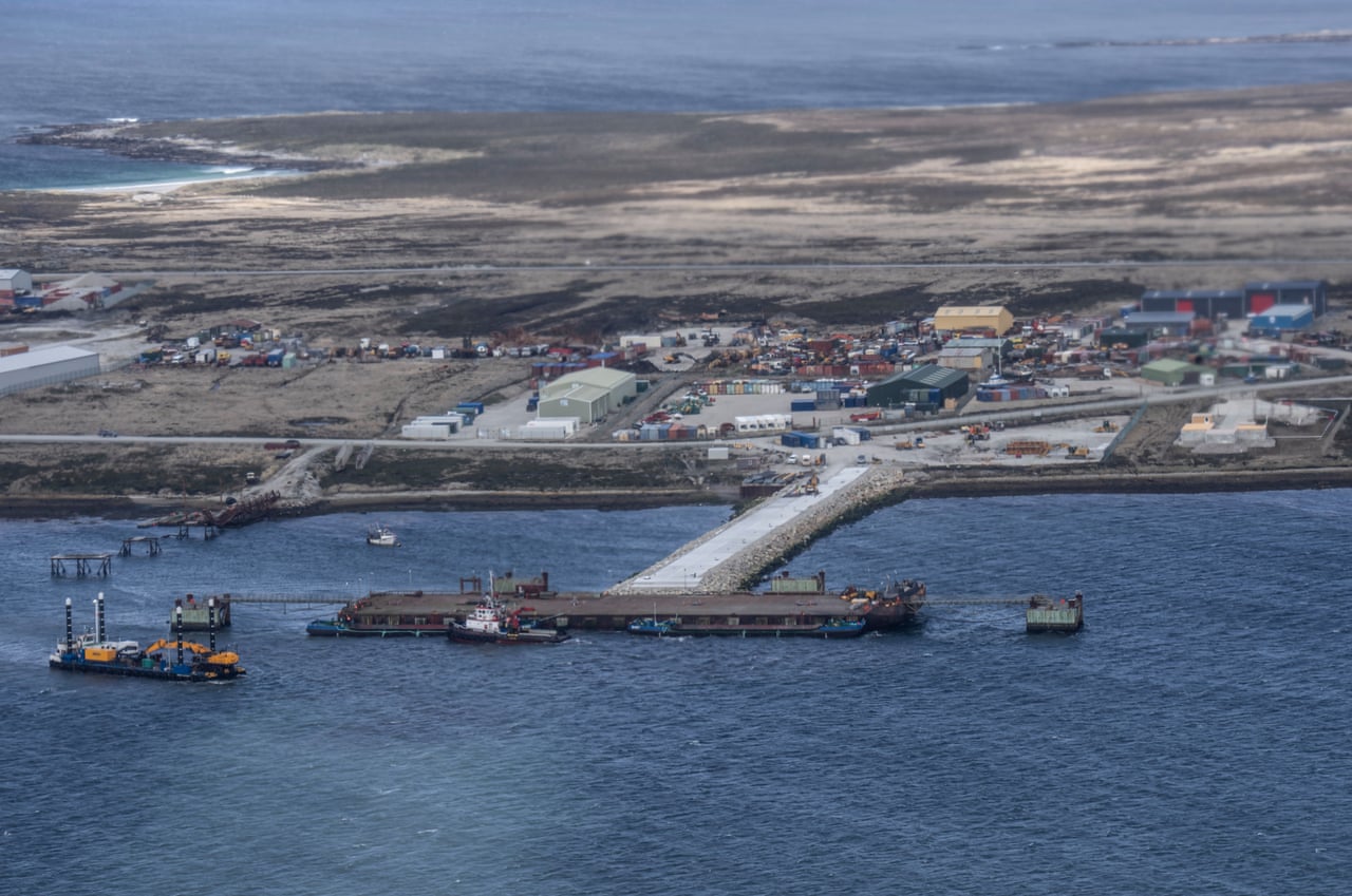 Aerial view of a new port and floating jetty being built in the Falkland Islands.