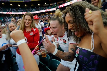 England’s Megan Jones celebrates with fans after the Red Roses victory in the Women’s Rugby World Cup 2025 final