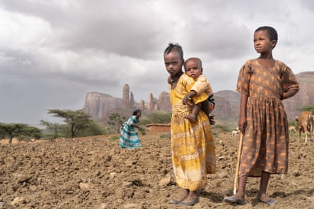 في جبال غيرالتا في إثيوبيا، تساعد ريبي (على اليمين) وشقيقتها فرويني والديهما في زراعة بذور التيف خلال موسم الزراعة في يونيو ويوليو.