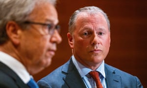 Governor of the Central Bank of Norway, Governor Oystein Olsen (left) and Nicolai Tangen, who was appointed new general manager of the Norges Bank Investment Management, in Oslo, on 28 May 2020.