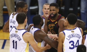 The Warriors and Cavaliers confront each other at the end of Game 1
