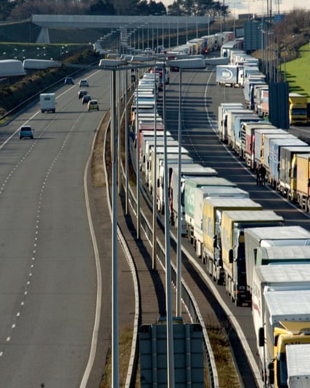 Lorries queue up on the M20 motorway in Kent