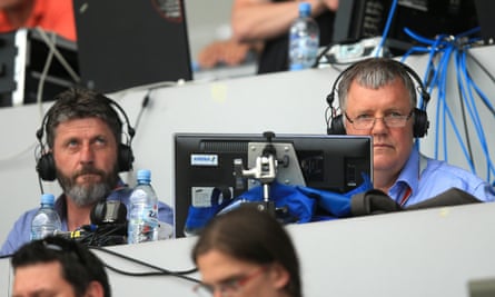 Clive Tyldesley on the right, with co-commentator Andy Townsend to his left, watchin England’s Euro 2016 qualifier against Slovenia in June 2015.