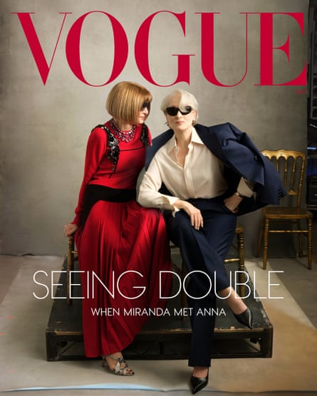 Anna Wintour and Meryl Streep pose together for a Vogue magazine cover shoot.
