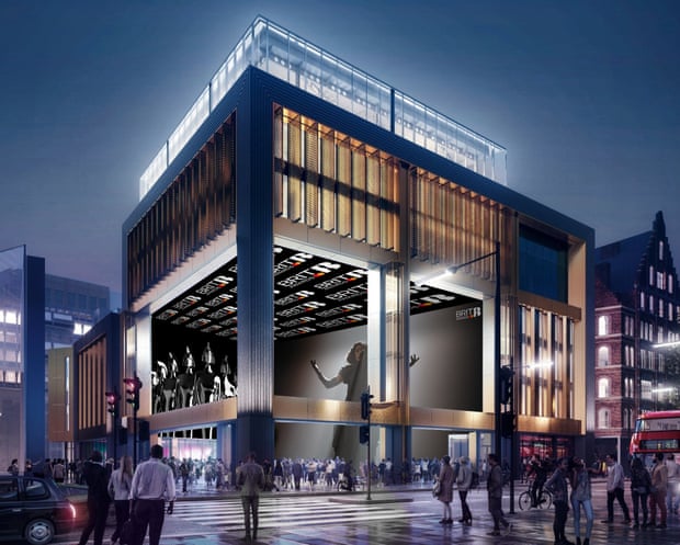 The Now Building’s gold-coloured shutters can fold back to reveal a space lined with giant floor-to-ceiling LED screens.