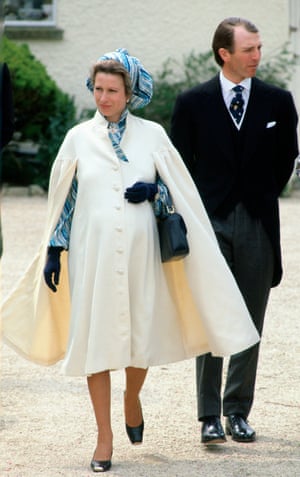 Pregnant with her second child on the way to a wedding in 1981, Princess Anne has the maternity look nailed with a cape coat, and matching dress and headscarf (previously worn for her eldest child, Peter’s christening in 1979).
