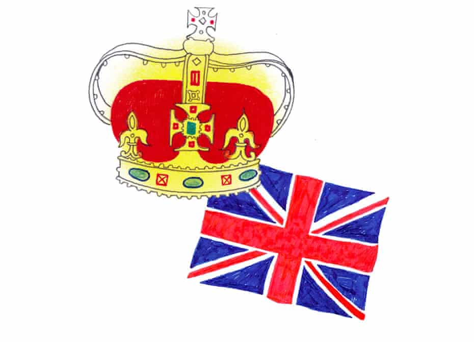 Illustration of a gold and red crown above a union flag