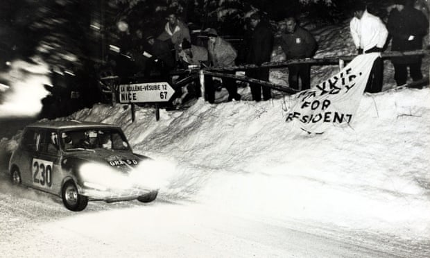 Paddy Hopkirk and Henry Liddon nearing the end of the 1966 Monte Carlo rally in snowy conditions. They came third but were disqualified on a technicality over the kind of headlight bulbs they used.