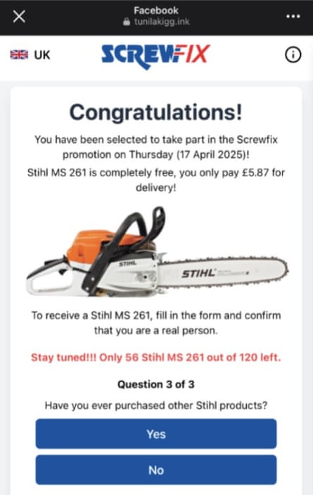 A fake Screwfix advert says congratulations you can win a free chainsaw