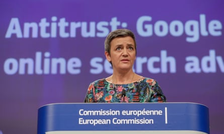 EU competition commissioner Margrethe Vestager announcing a fine on Google over its online search advertising in 2019.
