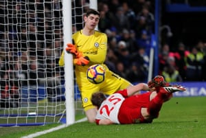 Thibaut Courtois makes the save from Dawson who is judged offside. Thibaut Courtois makes the save from Dawson who is judged offside.
