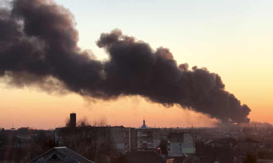 A cloud of smoke raises after an explosion in Lviv, western Ukraine